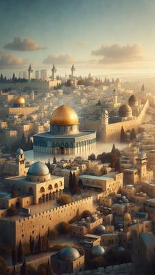 The primary subject of the image is a cityscape featuring a large, ornate building with a gold dome. The building is situated in the middle of the scene, surrounded by other buildings. The setting is a city with a mix of old and new architecture, creating a unique and visually appealing environment. The visual style of the image is a combination of photo and digital art, giving it a realistic yet artistic appearance. The colors and mood of the image are warm and inviting, with the gold dome and other